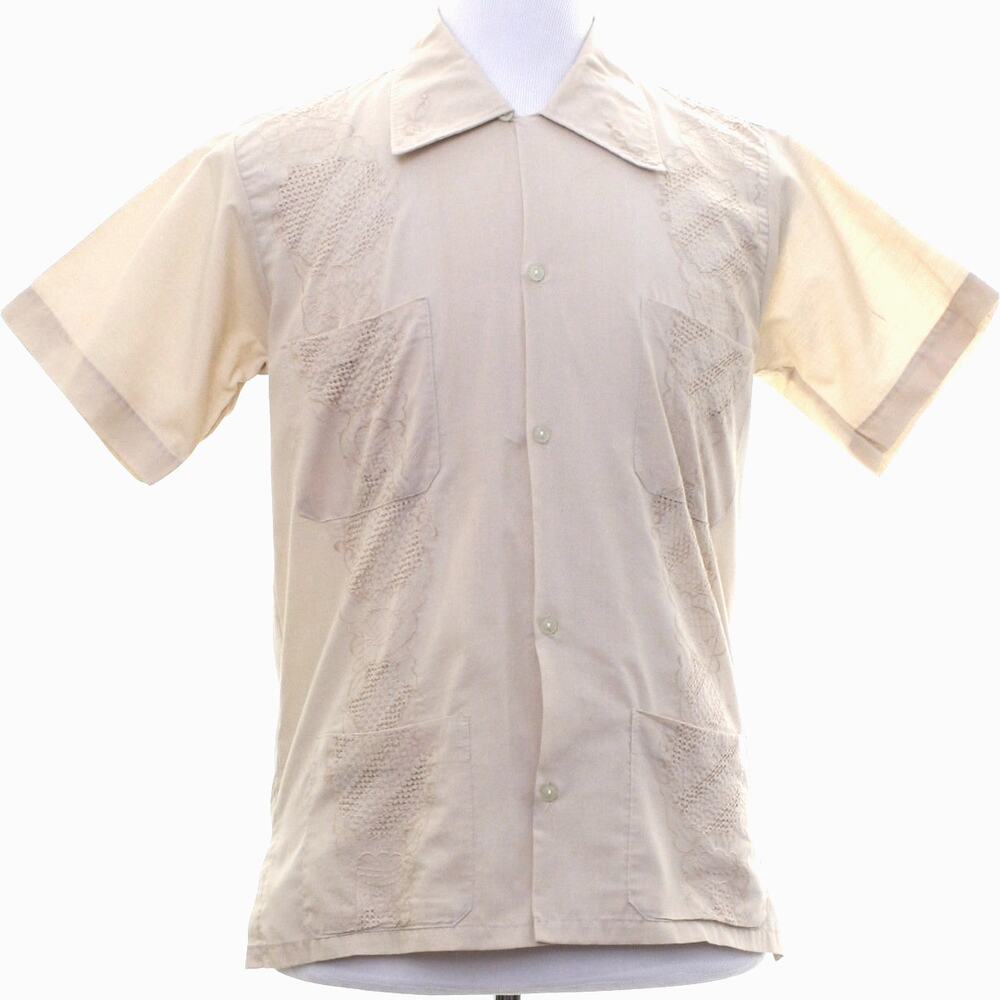 Vintage 70s Calez Taupe Guayabera Shirt Embroidered 4 Pocket Men's Small
